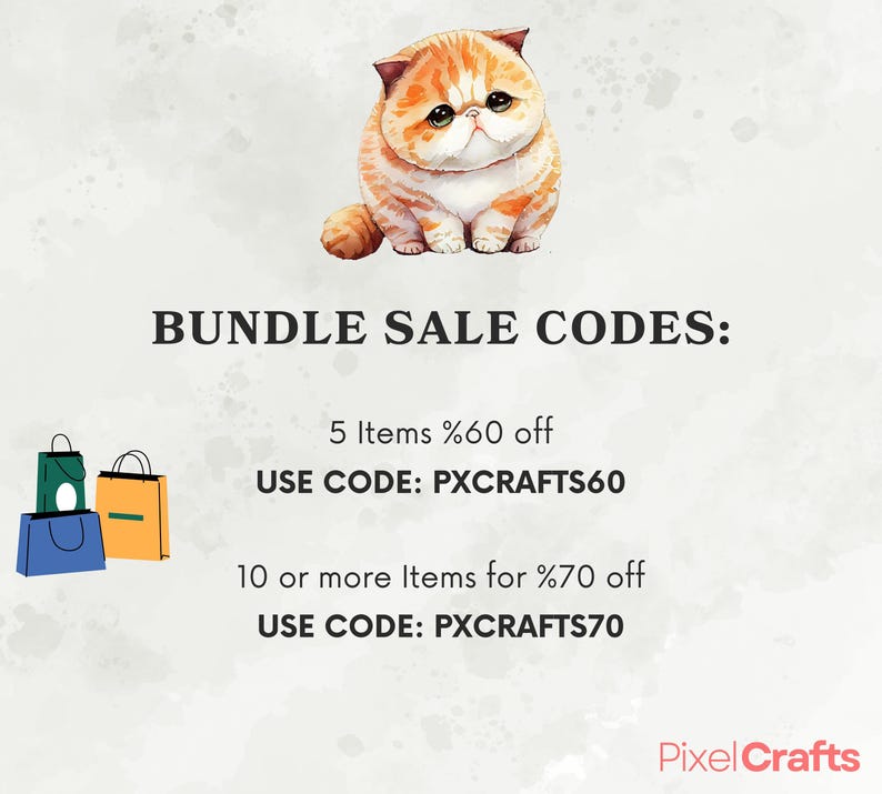 Puede incluir: Un gato de dibujos animados naranja y blanco se sienta encima del texto que dice "BUNDLE SALE CODES:" y detalla los descuentos para varios art&iacute;culos. La imagen tambi&eacute;n muestra tres bolsas de la compra en verde, naranja y azul.