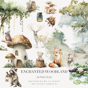 Peut inclure: Ensemble de cliparts aquarelle sur le thème de la forêt enchantée. L'image comprend des illustrations d'une maison champignon, d'un hibou, d'un cerf, d'un renard, d'un raton laveur et d'autres créatures de la forêt. Le texte indique "Enchanted Woodland" et "24 PNG FILES".