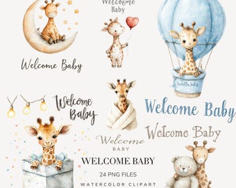 Pacchetto di clipart di benvenuto per neonati con giraffa ad acquerello, clipart di animali per la cameretta dei bambini, PNG rosa e blu per baby shower, arte carina per la cameretta dei bambini con safari, download digitale