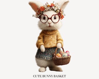 Easter Bunny with Basket Clipart Set, Cute Easter Png, Bunny Graphics, Spring Clipart, Digital Download - 233