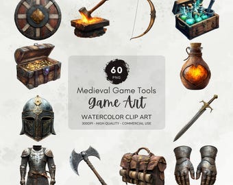 Medieval Gaming Tools Clipart, Video Game Clipart, Gamer Graphics, Fantasy Clipart Bundle, Printable Watercolor Clipart, Game Art Download