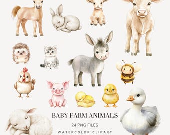Watercolor Baby Farm Animals Clipart, Cute Farm Animals Pngs, Nursery Cute Animals Clipart Bundle, Horse, Cow, Pig, Duck, Animals Graphics