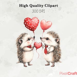May include: Two watercolor hedgehogs holding red heart-shaped balloons. The hedgehogs are wearing red bow ties and are looking at each other. The background is a light gray watercolor wash.
