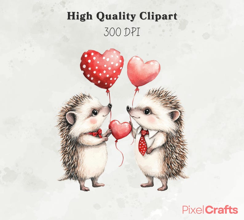 May include: Two watercolor hedgehogs holding red heart-shaped balloons. The hedgehogs are wearing red bow ties and are looking at each other. The background is a light gray watercolor wash.