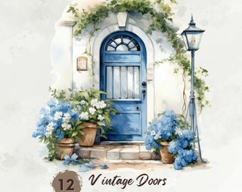 Watercolor Vintage Doors Clipart, Floral Doors Png, Old Doors Clipart, Garden Doors, Printable Watercolor Clipart, Rustic, Digital Download
