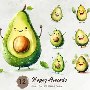 Clipart di avocado felice dell'acquerello, bundle di clipart di avocado carino stravagante, clipart di frutta, grafica digitale stampabile, inviti, supporti misti