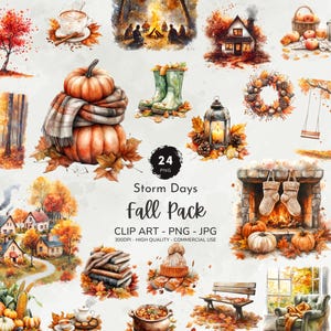 Watercolor Autumn Clipart Bundle, Storm Days Fall Clipart Png, Cozy Fall Clipart, Autumn Landscape Clipart, Fall Graphics, Digital Download