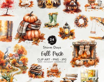 Akvarell höst Clipart Bundle, Storm Days Fall Clipart Png, Mysig höst Clipart, Höstlandskap Clipart, Höstgrafik, Digital Nedladdning