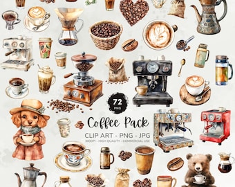 Lot de cliparts amateur de café, aquarelle café png, clipart café, grains de café, boissons au café png, coffee shop, expresso, tasses à café Jpgs