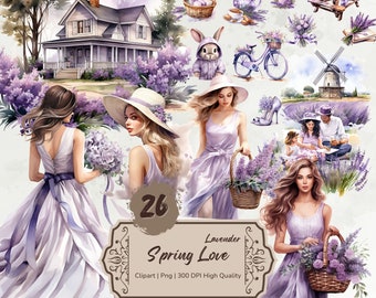 Watercolor Lavender Spring Clipart Bundle, Spring Graphics Png, Watercolor Girl, Spring Season Clipart, Spring Floral Png, Digital Stickers