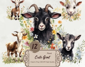 Watercolor Cute Goat Clipart, Funny Kid Goats Png, Farm Animals Portrait, Baby Goat Graphics, Goat Portrait with Floral Clipart, Mixed Media