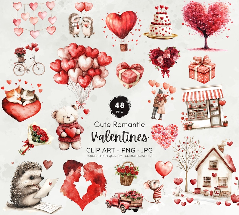 May include: A set of 48 watercolor illustrations featuring cute and romantic Valentine's Day themes. The illustrations include hearts, flowers, animals, and other romantic elements. The illustrations are perfect for creating cards, invitations, scrapbook pages, and other crafts.