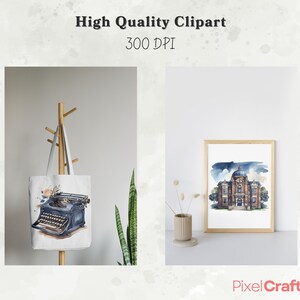 Op de afbeelding: Een totebag en een ingelijste print met aquarel illustraties. De totebag toont een blauwe typemachine met bloemmotieven. De ingelijste print toont een gebouw met een koepeldak. Tekst: "High Quality Clipart" en "300 DPI".