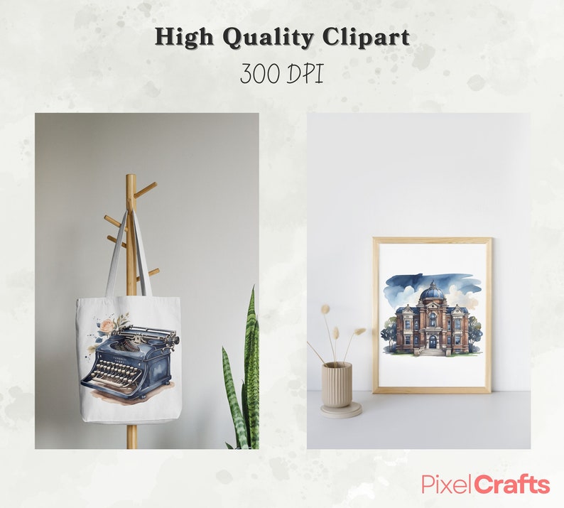 Op de afbeelding: Een totebag en een ingelijste print met aquarel illustraties. De totebag toont een blauwe typemachine met bloemmotieven. De ingelijste print toont een gebouw met een koepeldak. Tekst: "High Quality Clipart" en "300 DPI".
