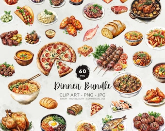 Paquete de imágenes prediseñadas de cena, imágenes prediseñadas de menú de comida, gráficos de comidas en formato PNG, imágenes prediseñadas de comida en formato PNG, imágenes prediseñadas de acuarela imprimibles, uso comercial, descarga digital