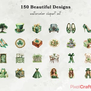 May include: A set of 150 watercolor clipart designs featuring various St. Patrick's Day themed illustrations, including shamrocks, leprechauns, pots of gold, and more.