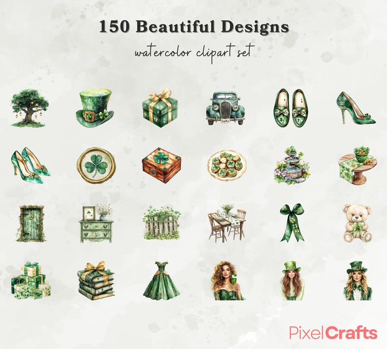May include: A set of 150 watercolor clipart designs featuring various St. Patrick's Day themed illustrations, including shamrocks, leprechauns, pots of gold, and more.