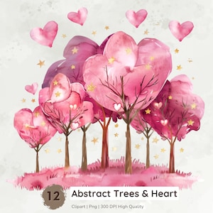 Clipart de árvores e corações em aquarela, árvore de coração abstrato Png, clipart romântico, arte de amor, árvore em formato de coração, registro no diário, download digital