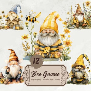 Watercolor Bee Gnome Clipart, Spring Gnomes Png, Gnome Graphics, Gnome Flowers Png, Gnome Stickers, Commercial Use,  Mixed Media Download