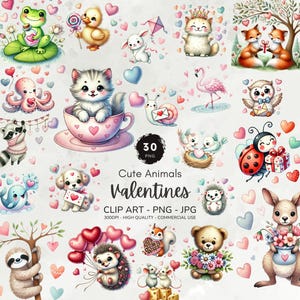 Valentine Cute Animal Clipart, Watercolor Valentines Clipart, Baby Animals Png, Romantic Clipart, Valentines Graphics, Digital Download
