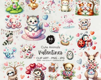 Valentine Cute Animal Clipart, Watercolor Valentines Clipart, Baby Animals Png, Romantic Clipart, Valentines Graphics, Digital Download