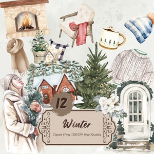 Watercolor Winter Clipart Bundle, Cozy Winter Season Png, Snow Winter Clipart, Cottagecore Digital Stickers, Card Making, Digital Download