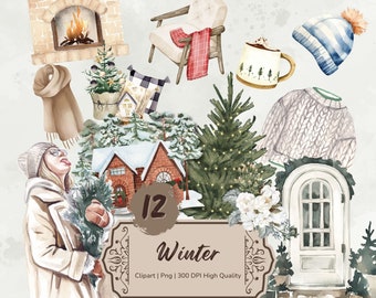 Watercolor Winter Clipart Bundle, Cozy Winter Season Png, Snow Winter Clipart, Cottagecore Digital Stickers, Card Making, Digital Download