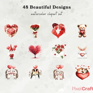 May include: A set of 48 watercolor clipart designs featuring various Valentine's Day themes, including hearts, flowers, animals, and couples. The designs are perfect for creating cards, invitations, and other crafts.