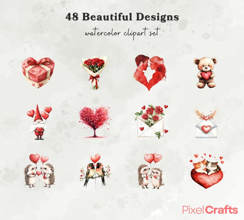 May include: A set of 48 watercolor clipart designs featuring various Valentine's Day themes, including hearts, flowers, animals, and couples. The designs are perfect for creating cards, invitations, and other crafts.