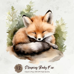 Imágenes prediseñadas de zorro durmiente, impresión de vivero de zorros, acuarela lindos zorros png, gráficos de zorro, imágenes prediseñadas de animales, planificador digital, medios mixtos, diario basura