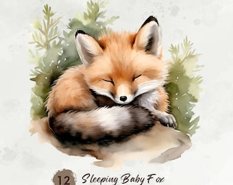 Sleeping Fox Clipart, Fox Nursery Print, Watercolor Cute Foxes Png, Fox Graphics, Animal Clipart, Digital Planner, Mixed Media, Junk Journal