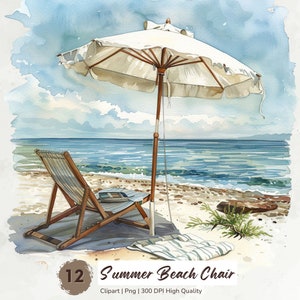 Beach Chair Clipart, Summer Clipart, Ocean Clipart, Printable Watercolor Clipart, Coast Clipart, Beach Scenery, Holiday, Digital Download