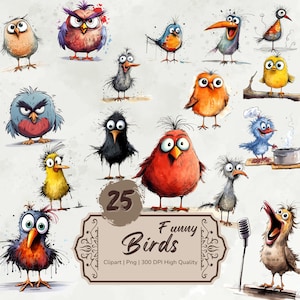 Watercolor Funny Little Birds Clipart, Cute Cartoon Birds, Quirky Bird Png, Caricature Birds Animals Bundle, Funny Animals, Digital Stickers