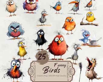 Acuarela divertidos pajaritos clipart, lindos pájaros de dibujos animados, peculiar pájaro png, caricatura pájaros animales paquete, animales divertidos, pegatinas digitales