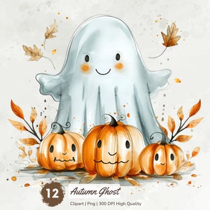 Watercolor Cute Ghost Clipart, Halloween Clipart Bundle, Pumpkins Clipart, Autumn Clipart, Happy Ghost Png Fall Graphics, Digital Download