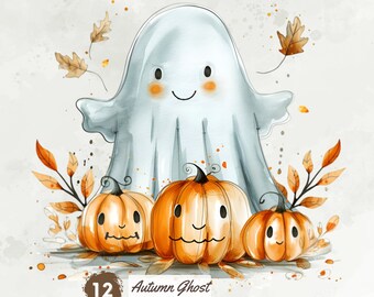 Acuarela lindo fantasma clipart, paquete de imágenes prediseñadas de Halloween, imágenes prediseñadas de calabazas, imágenes prediseñadas de otoño, gráficos de otoño png de fantasma feliz, descarga digital