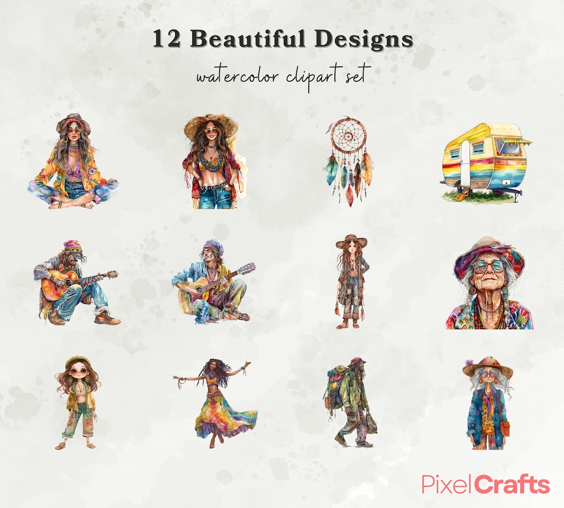 Whimsy Hippy Hippie Clipart, Whimsical Hippies Clipart Bundle, Psychedelic Clipart ...