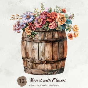 Floral houten vat clipart, tuin vat, Floral vat PNG, lente bloem clipart, aquarel clipart, mixed media, digitale download
