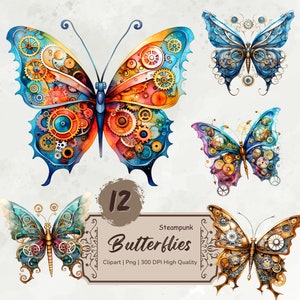 Watercolor Butterflies Clipart Bundle, Steampunk Butterfly Png, Colorful Butterflies Illustration, Card Making, Mixed Media,Digital Stickers