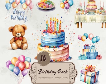 Watercolor Birthday Clipart, Birthday Cake Clipart, Happy Birthday Party Png, Balloons Clipart, Birthday Cards Invitations, Commercial Use