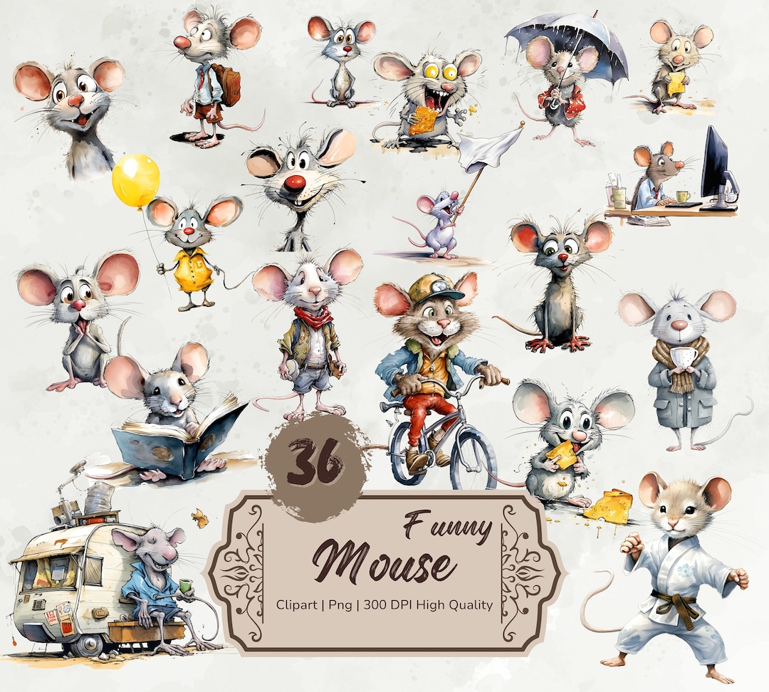 Watercolor Funny Mouse Clipart, Cute Cartoon Mice, Quirky Mouse Png ...