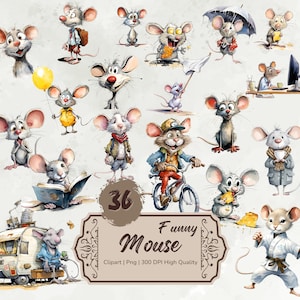 Aquarell lustige Maus Clipart, niedliche Cartoon-Mäuse, schrullig Maus Png, Karikatur Nagetier Bündel, lustige Ratte Clipart, digitale Aufkleber