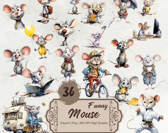Watercolor Funny Mouse Clipart, Cute Cartoon Mice, Quirky Mouse Png, Caricature Rodent Animals Bundle, Funny Rat Clipart, Digital Stickers