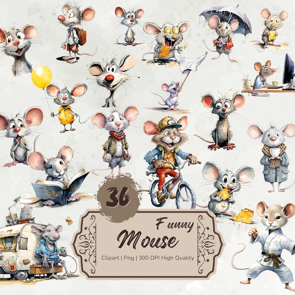 Watercolor Funny Mouse Clipart, Cute Cartoon Mice, Quirky Mouse Png, Caricature Rodent Animals Bundle, Funny Rat Clipart, Digital Stickers