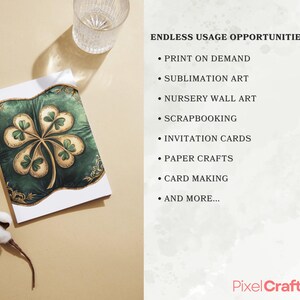 May include: A digital download of a four-leaf clover illustration with gold accents on a green background. The illustration is perfect for crafting projects like print-on-demand, sublimation art, nursery wall art, scrapbooking, invitation cards, paper crafts, and card making.