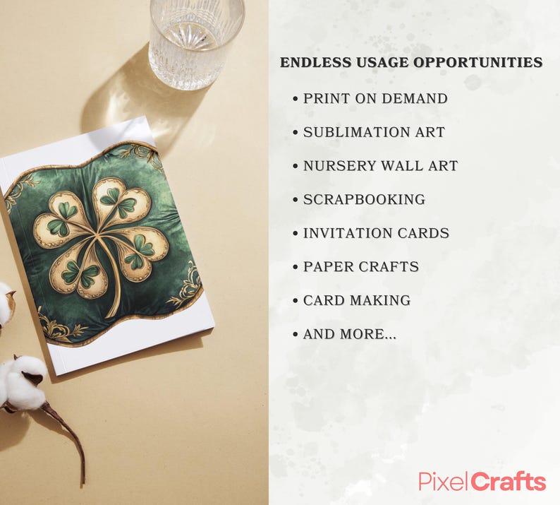 May include: A digital download of a four-leaf clover illustration with gold accents on a green background. The illustration is perfect for crafting projects like print-on-demand, sublimation art, nursery wall art, scrapbooking, invitation cards, paper crafts, and card making.