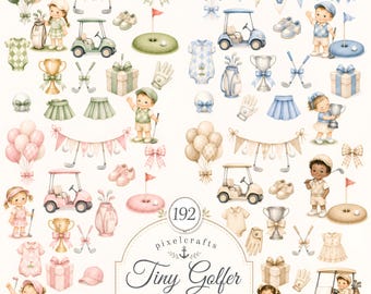 Op de afbeelding: Een digitale collectie van 192 golf-thema illustraties met kinderen, golfkarretjes, trofeeën, ballonnen en kleding in groen, blauw, roze en beige kleurenpaletten. De centrale tekst luidt 192 pixelcrafts Tiny Golfer MEGA CLIPART.
