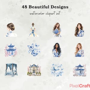 Puede incluir: Un conjunto de im&aacute;genes predise&ntilde;adas de acuarela con 48 hermosos dise&ntilde;os. La imagen presenta ilustraciones de mujeres, edificios, mariposas y arreglos florales en tonos azules y blancos. El logotipo de PixelCrafts est&aacute; en la esquina inferior derecha.