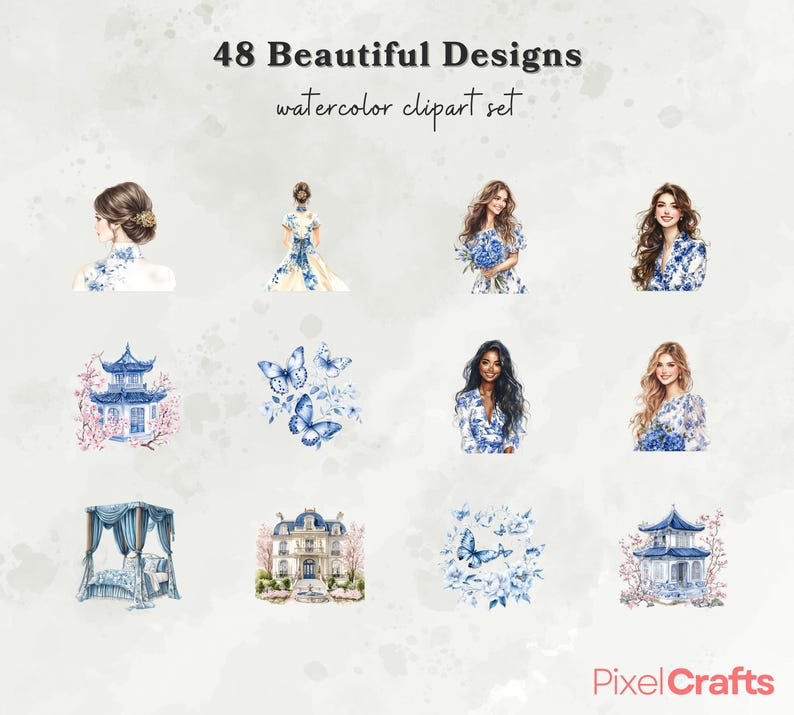 Puede incluir: Un conjunto de im&aacute;genes predise&ntilde;adas de acuarela con 48 hermosos dise&ntilde;os. La imagen presenta ilustraciones de mujeres, edificios, mariposas y arreglos florales en tonos azules y blancos. El logotipo de PixelCrafts est&aacute; en la esquina inferior derecha.