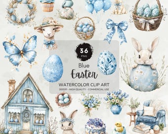 May include: A set of 36 blue watercolour Easter clip art images. The images include bunnies, eggs, flowers, a house, a cake, a bird, a butterfly, a lamb, a chick, and a bow. The images are perfect for creating Easter cards, invitations, and decorations.